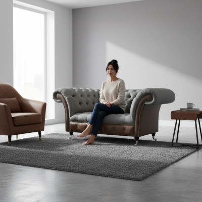Woonkamer Grijs-Bruine Chesterfield 2-Zits Textielbanken Luxe Meubels