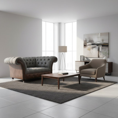 Woonkamer Grijs-Bruine Chesterfield 2-Zits Textielbanken Luxe Meubels