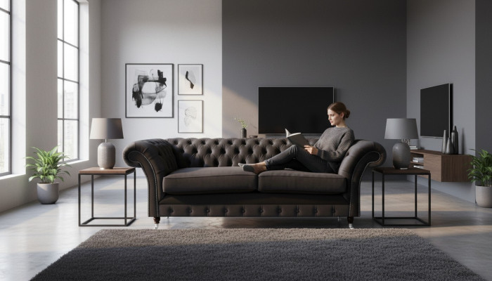 Luxueuze Chesterfield zwarte tweezitsbank woonkamer meubels bank.