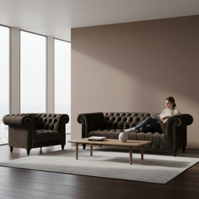 Bruine Chesterfield bekleding set designer 3-zits bank textiel fauteuil 2-delig