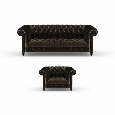 Bruine Chesterfield bekleding set designer 3-zits bank textiel fauteuil 2-delig