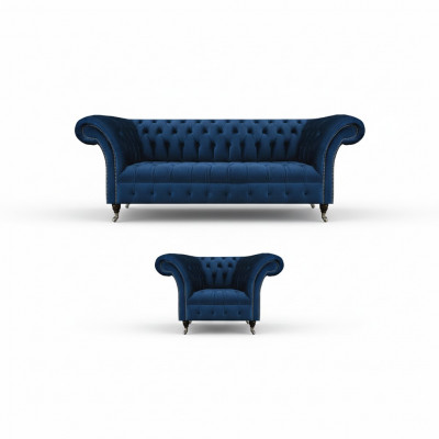 Blau Chesterfield Set Designer Driedelige Stoffen Fauteuil 2-delige Meubels.