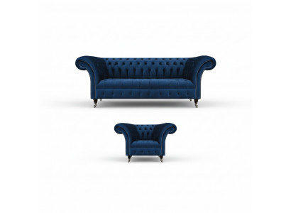 Blau Chesterfield Set Designer Driedelige Stoffen Fauteuil 2-delige Meubels.