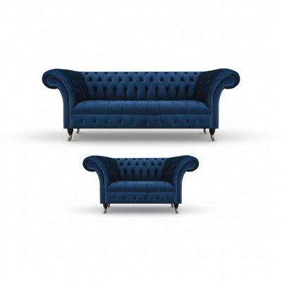 Adellijke Chesterfield bankstel designer blauwe driezitsbank 2-zitsbekleding