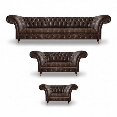 Bruine Chesterfield leren woonkamerinrichting 4-zits tweezits fauteuil.