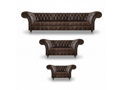 Bruine Chesterfield leren woonkamerinrichting 4-zits tweezits fauteuil.