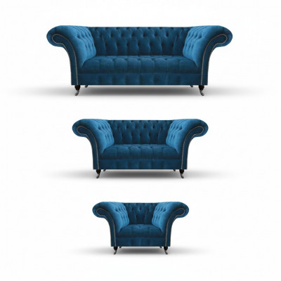 Chesterfield Blau Gestoffeerde Meubelset Woonkamer Bankstel 3-Zits 3-delig