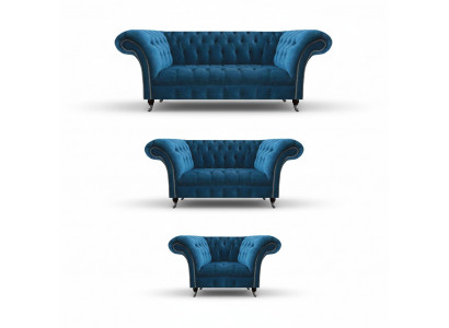 Chesterfield Blau Gestoffeerde Meubelset Woonkamer Bankstel 3-Zits 3-delig