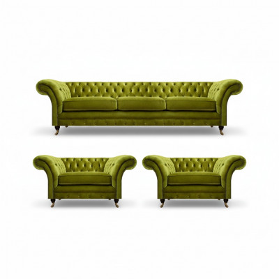 Olijfgroene woonkamer set Chesterfield gestoffeerde bank 2x fauteuil 3-delig