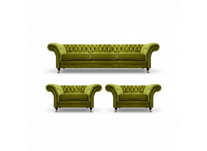 Olijfgroene woonkamer set Chesterfield gestoffeerde bank 2x fauteuil 3-delig