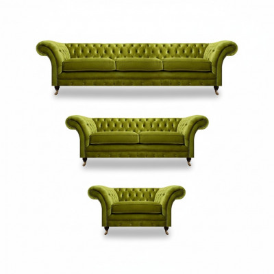 Olivengroene Chesterfield set woonkamerbankstel luxe set 3-delig