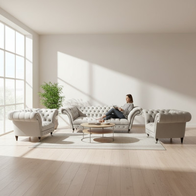Luxueuze Chesterfield meubelen ontwerper 2x fauteuils moderne driezitsbank.