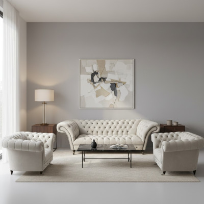 Luxueuze Chesterfield meubelen ontwerper 2x fauteuils moderne driezitsbank.