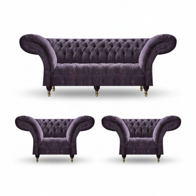 Lila Chesterfield bankstel woonkamer 3-zits designer 2x fauteuils