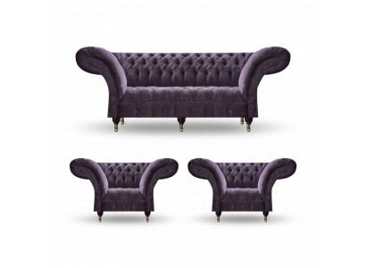 Lila Chesterfield bankstel woonkamer 3-zits designer 2x fauteuils