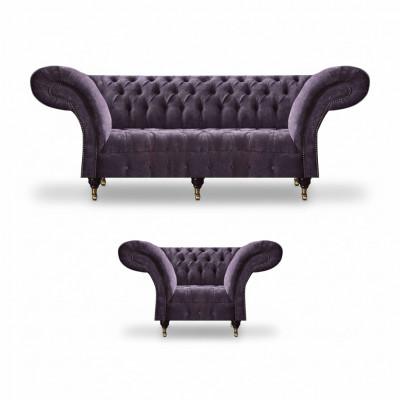 Lila Chesterfield woonkamer stoffen banken bekleding meubels 2-delig luxe set