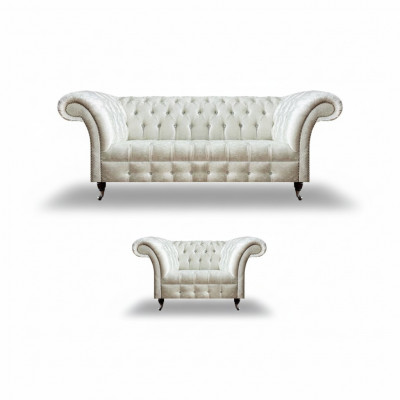 Moderne Chesterfield witte stoffen bank exclusieve woonkamer fauteuil 2-delig