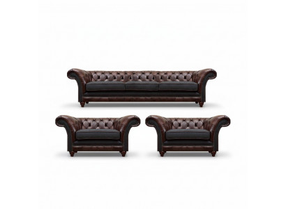 Bruin-grijze Chesterfield zitgroep 2x leren fauteuils driezitsbank 3-delige set