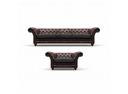Chesterfield bruine leren bankstel driezitter luxe gestoffeerde fauteuil.