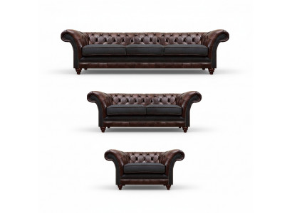 Chesterfield bruin-grijze set leren designbanken complete 3-delige set