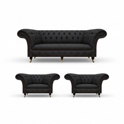 Moderne Chesterfield Zwarte Set Designer 2x Textielstoelen 3-Zitsbank