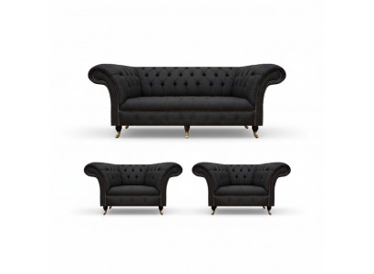 Moderne Chesterfield Zwarte Set Designer 2x Textielstoelen 3-Zitsbank