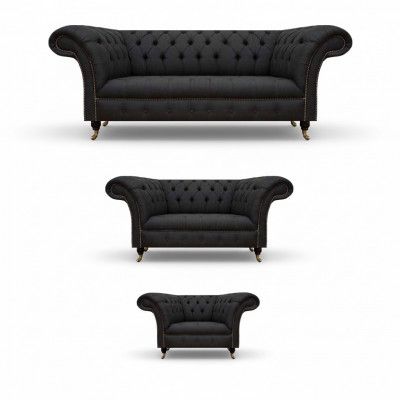 Chesterfield Zwarte Woonkamer Banken Complete Set 3-delige Set