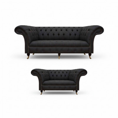 Volledig zwarte Chesterfield set, designer driezitter, moderne 2-zits.