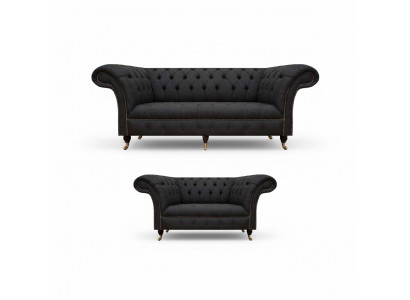 Volledig zwarte Chesterfield set, designer driezitter, moderne 2-zits.