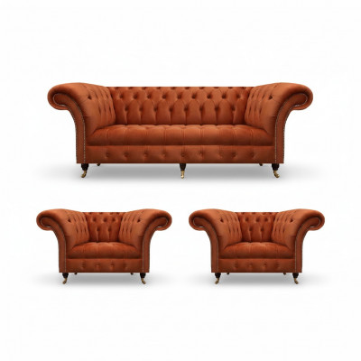 Woonkamer Bruine Chesterfield Set 2x Fauteuil 3-Zits 3-delig