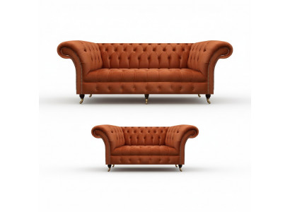 Chesterfield bruine bankstelset, luxe gestoffeerde designbanken set 2-delig.