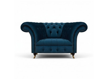Donkerblauwe Chesterfield fauteuil woonkamer stoffeerontwerp stoel