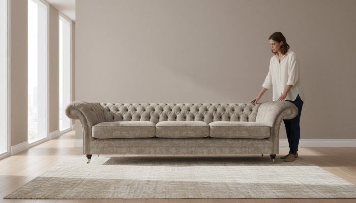 Lichtgrijze Chesterfield zitbank gestoffeerde meubelen designer driezitsbank.