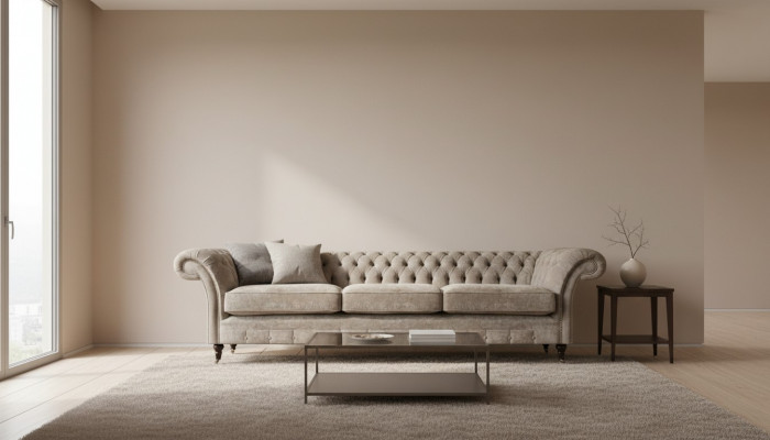 Lichtgrijze Chesterfield zitbank gestoffeerde meubelen designer driezitsbank.