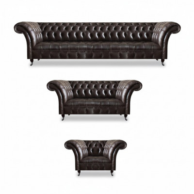 Luxueuze bruine Chesterfield meubels, lederen bankstel, viersitzer fauteuil tweezitter.