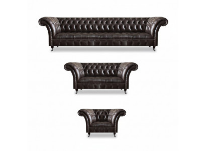 Luxueuze bruine Chesterfield meubels, lederen bankstel, viersitzer fauteuil tweezitter.