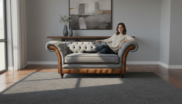 Luxe hellgrijze 2-zits Chesterfield gestoffeerde designer zitmeubelen.