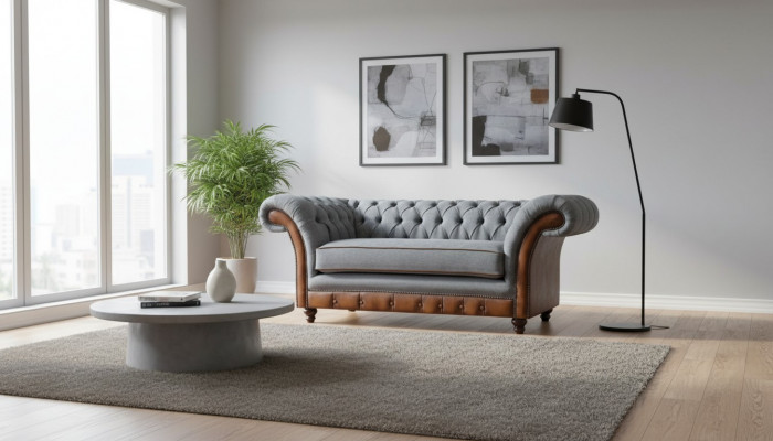 Luxe hellgrijze 2-zits Chesterfield gestoffeerde designer zitmeubelen.