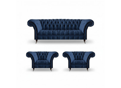 Luxueuze Chesterfield-set Moderne driezitsbank 2x stoffauteuils