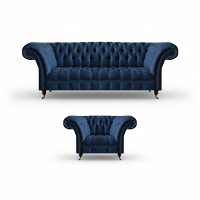 Donkerblauwe woonkamer 3-zitsbank design ligstoel Elegant 2-delig set.