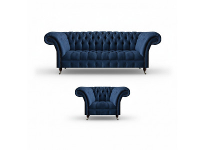 Donkerblauwe woonkamer 3-zitsbank design ligstoel Elegant 2-delig set.