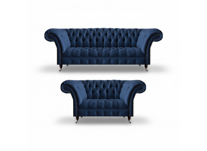 Blauwe Chesterfield bankstel textielbanken driezitsbank tweezitsbank 2-delig