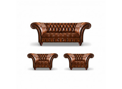 Bruine woonkamer Chesterfield set 2x lederen fauteuils Elegante driezitsbank
