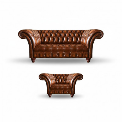 Luxueuze Chesterfield woonkamer zitmeubelset leren fauteuil 3-zits 2-delig