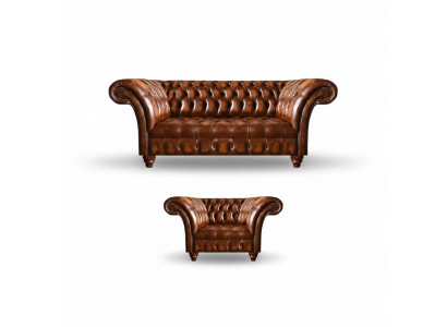 Luxueuze Chesterfield woonkamer zitmeubelset leren fauteuil 3-zits 2-delig