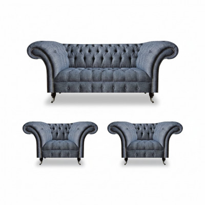 Chesterfield set grijze gestoffeerde zitmeubelen 2x leunstoel driezitter