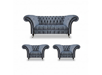 Chesterfield set grijze gestoffeerde zitmeubelen 2x leunstoel driezitter