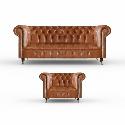 Bruine stijlvolle Chesterfield-leren sofa's complete zithoek 2-delig.