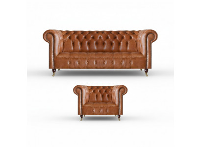 Bruine stijlvolle Chesterfield-leren sofa's complete zithoek 2-delig.