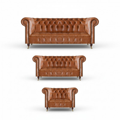 Bruine Chesterfield Leren Sofa's Designer Woonkamer Banken Meubelset 3-delig